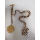 A 1787 Spade Guinea (worn) on a watch chain stamped 10 to lobster claw clasp (51g gross)