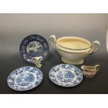 An early 19th century creamware soup tureen, a pair of Rorstrand blue and white plates, a Mt