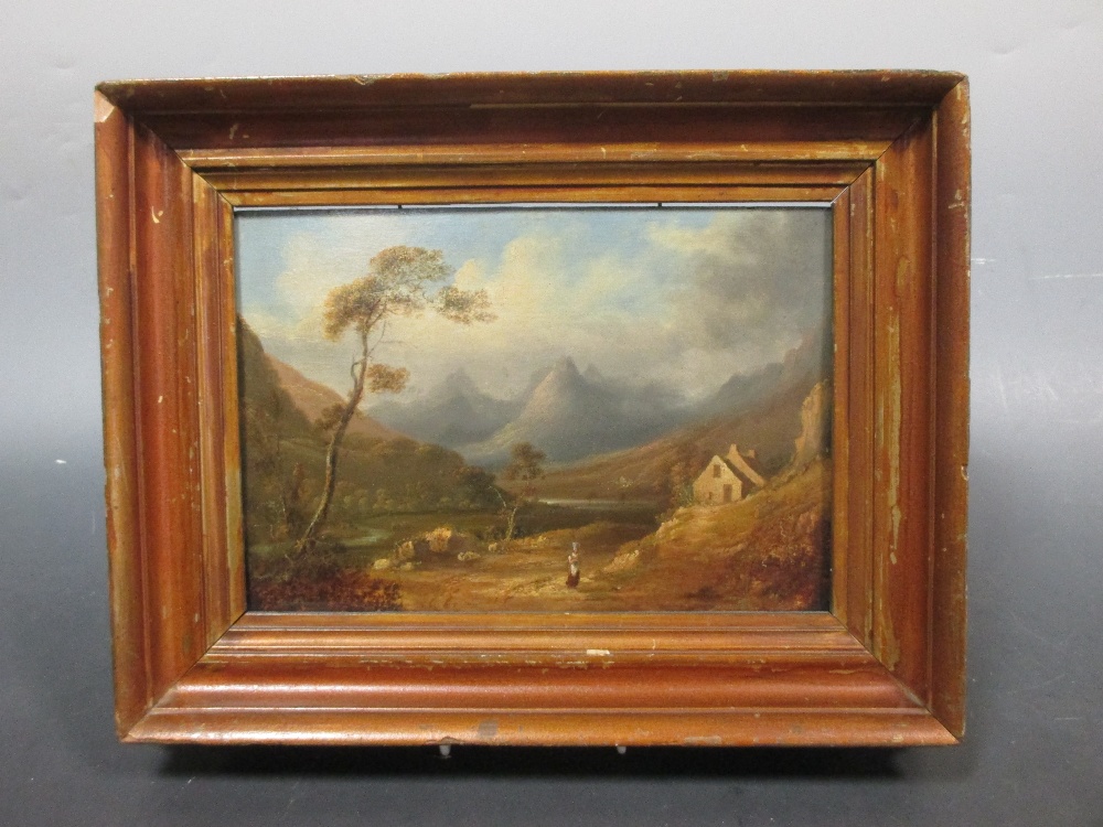 * Hunt (early 19th century). Mountainous landscape with figure, oil on bevelled mahogany panel,