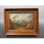 * Hunt (early 19th century). Mountainous landscape with figure, oil on bevelled mahogany panel,