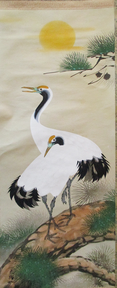 Three 20th century Japanese scroll paintings, the largest of cranes, 104 x 40 cm (3) - Image 2 of 3