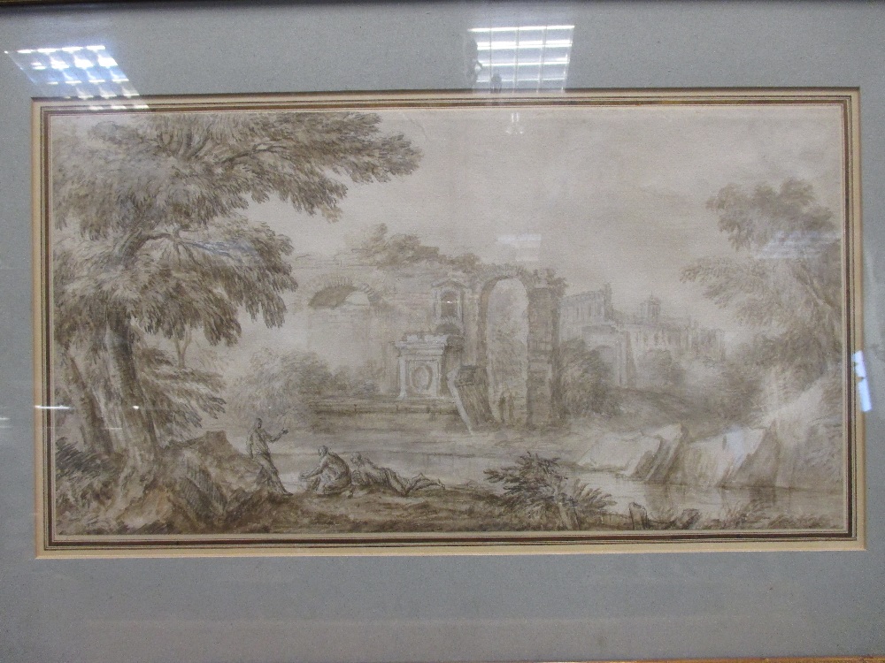 17th century Dutch School, three figures in a classical landscape, washes, Ex Colnaghi 27 x 50cm