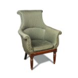 A Regency mahogany framed library chair, of lyre outline with scrolling back, upholstered in a green