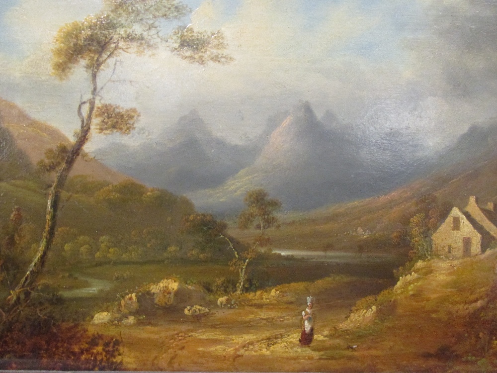 * Hunt (early 19th century). Mountainous landscape with figure, oil on bevelled mahogany panel, - Image 2 of 10