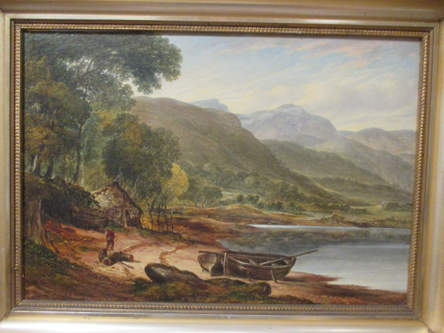 Samuel Henry Baker (British, 1824-1909), Welsh mountain lakeside scene with figure and boats on a