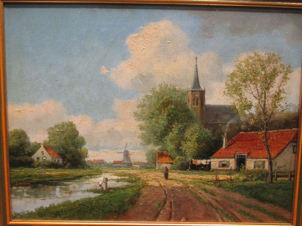 Mauritz Monnickendam (Dutch, 1863-1902), River scene with windmill and church, signed, oil on canvas