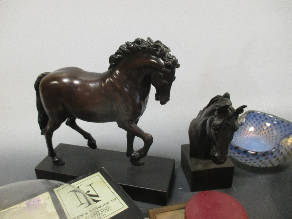 A bronzed resin figure of a horse (a/f), a bronzed horses head, a hunting flask, an antique brass - Image 2 of 2