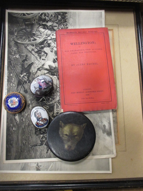 Wellingtonia, two books, two framed pictures, three enamel boxes and medals