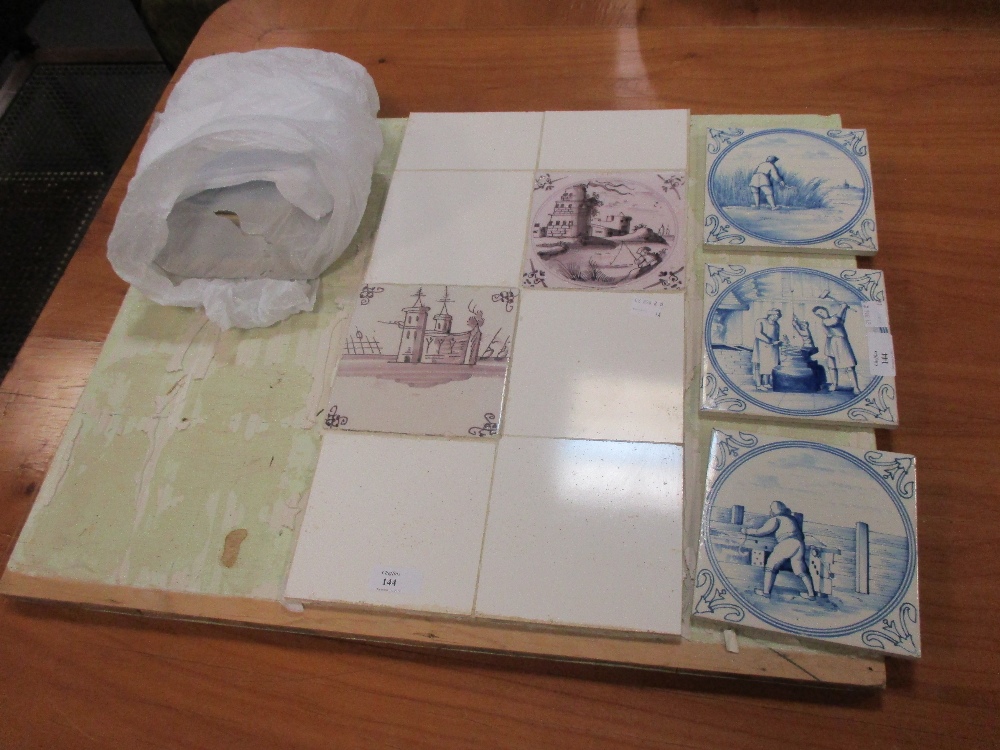 Fourteen Delft manganese and blue and white tiles (14)