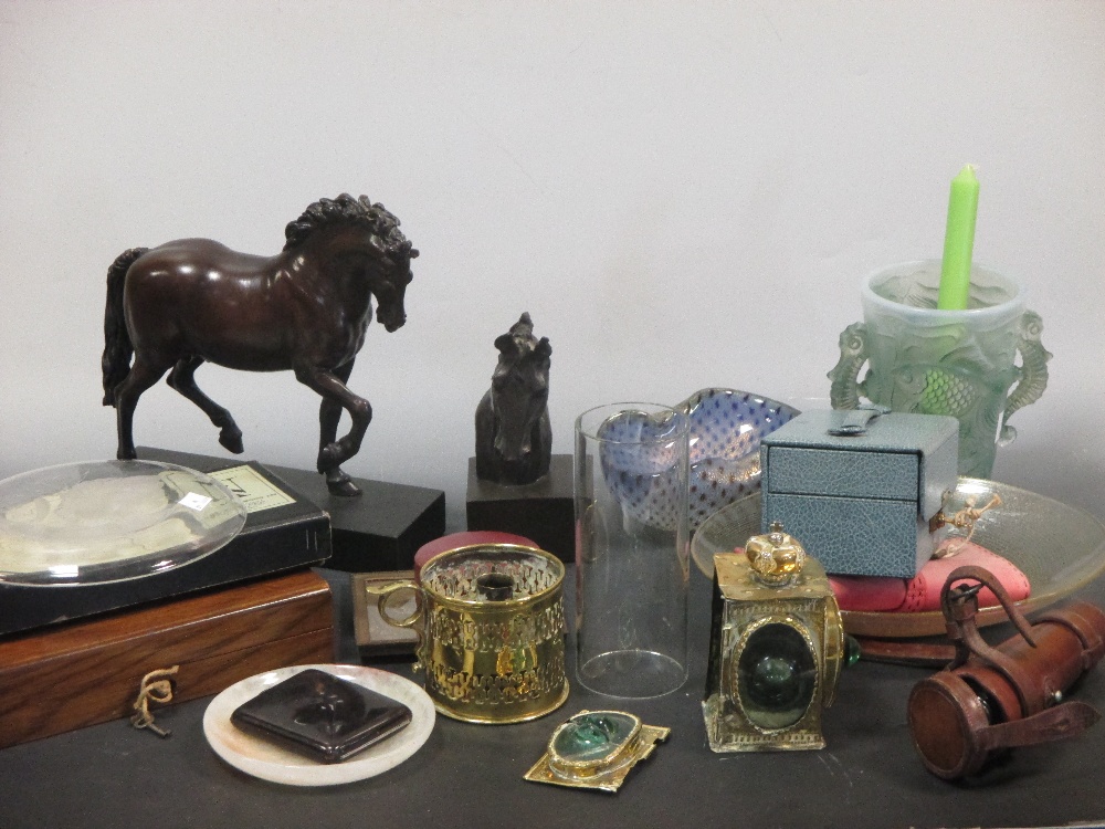 A bronzed resin figure of a horse (a/f), a bronzed horses head, a hunting flask, an antique brass