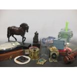 A bronzed resin figure of a horse (a/f), a bronzed horses head, a hunting flask, an antique brass