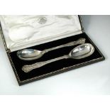 A pair of King's shape Bright Vine pattern silver fruit serving spoons, by The Goldsmiths' and