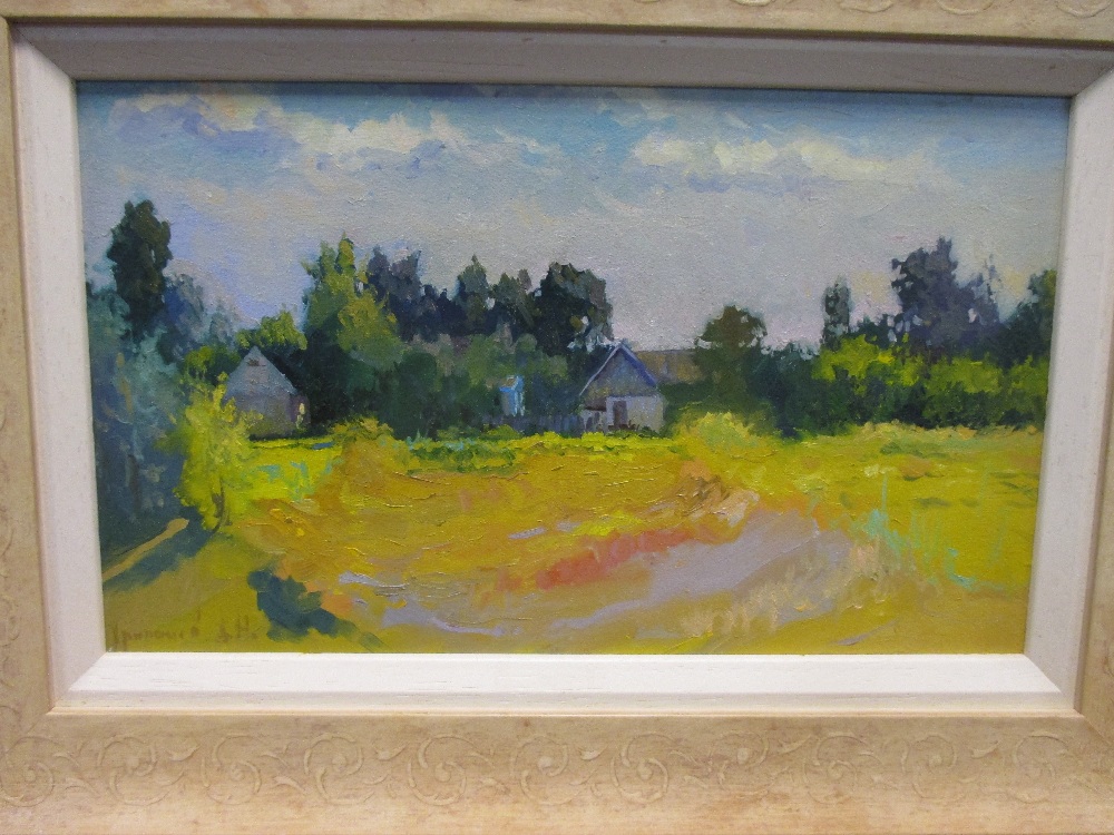 Russian School (20th century) Country scene with farmstead, oil on board 18 x 31cm