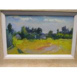 Russian School (20th century) Country scene with farmstead, oil on board 18 x 31cm