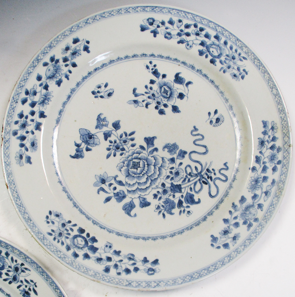 A pair of 18th century Chinese blue and white plates and another smaller (3) One has a chip and - Image 3 of 8