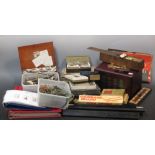 A quantity of cigarette cards, a mahjong set and other items inc. stamps and lead zoo and farm