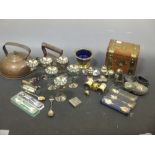 A collection of miscellaneous items including a Victorian tea caddy, a pair of opera glasses, a