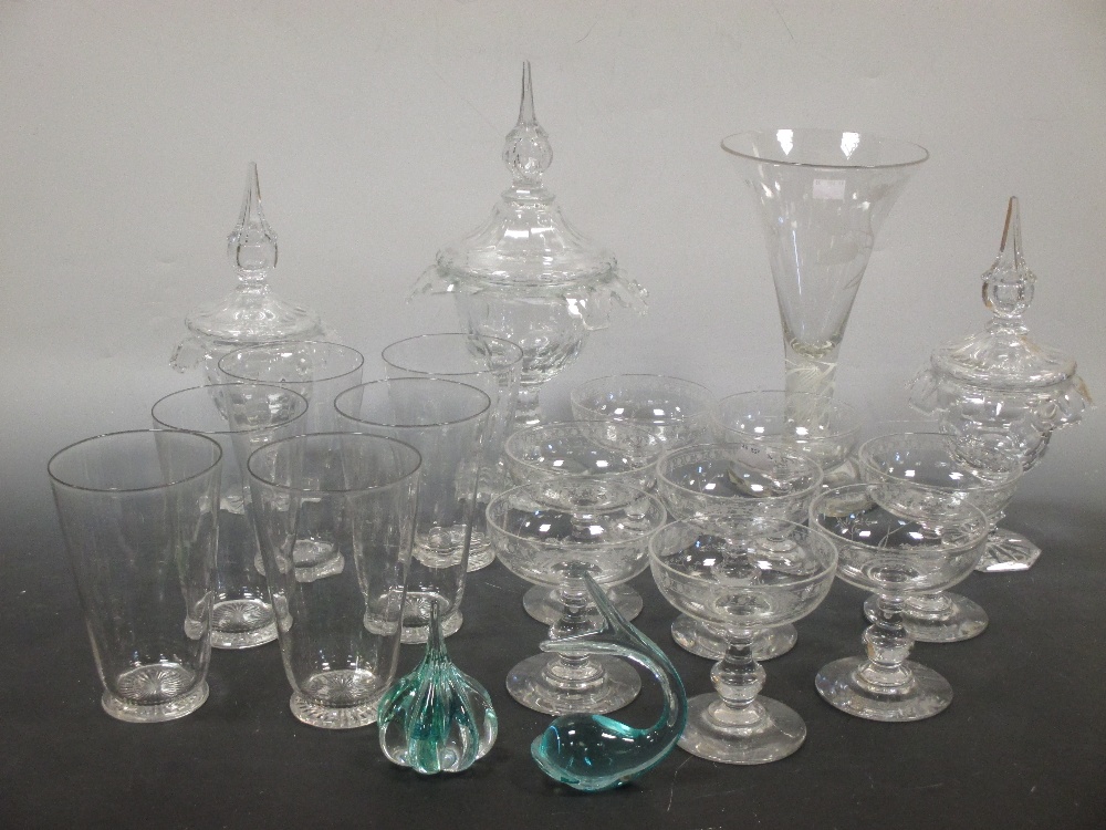 A collection of glassware to include a glass sweetmeat dish and cover,(a/f), two smaller dishes