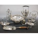 A quantity of electroplate to include a Dresser style kettle, stand and burner