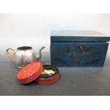 A cinnabar lacquer box, spillikens, tea pot and a Chinese tea caddy
