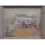 Modern British School (20th Century), Men winding a capstan on a beach, unsigned, oil on board, 42 x