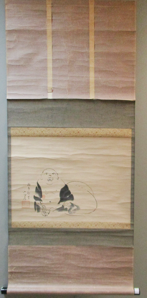 Two Japanese scroll paintings featuring Hotei together with seven landscape scrolls, the largest 180 - Image 5 of 7