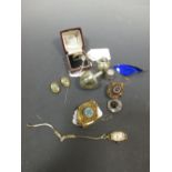 A ring, various brooches, 9ct gold wristwatch, electroplate egg necessaire etc