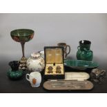 A Branham pottery green vase and various other items