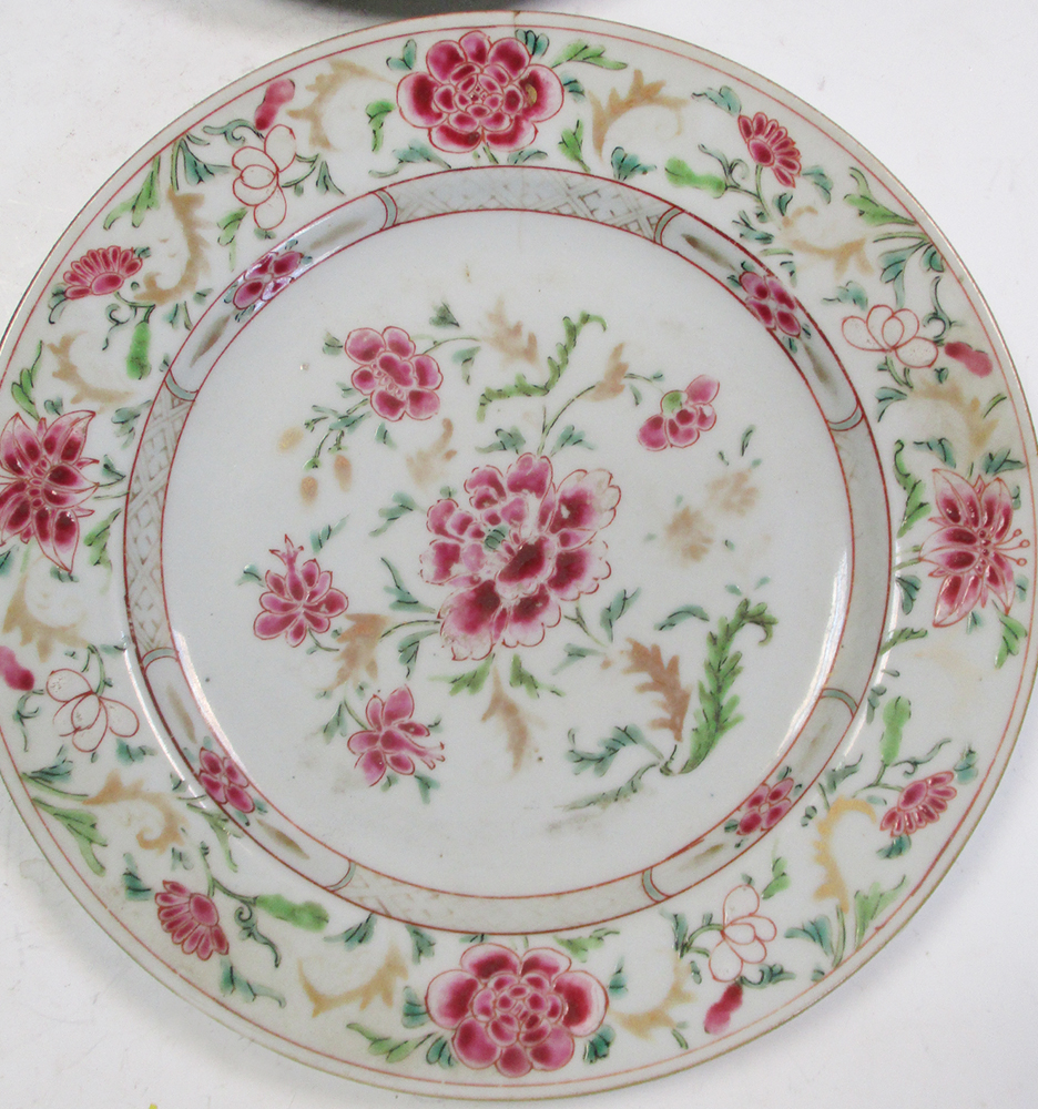 A set of three and another 18th century famille rose plate, 23cm (9 in) diameter (4) One of the - Image 6 of 10