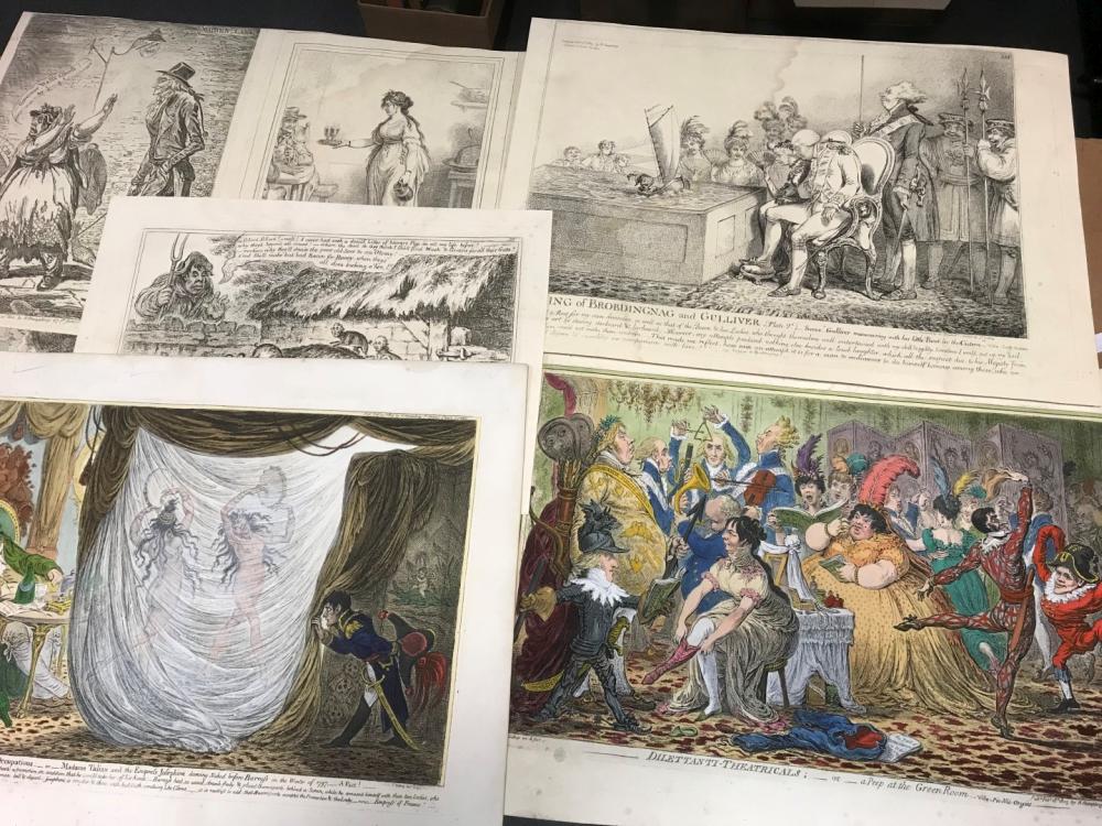 Hogarth and Gillray. Six 19th century leaves of Gillray cartoons, a few with later hand colour