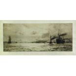 William Lionel Wyllie (British 1851-1931), Tramp Steamer off the Coast, etching with dry point