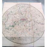 James Wyld, Environs of London, circular engraved hand coloured map, no date, folding and linen