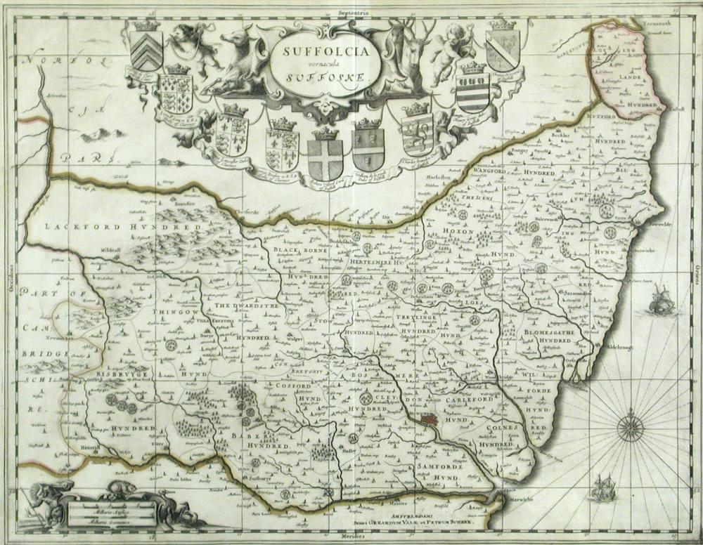 Valk and Schenk. Suffolcia vernacula Suffolke, engraved map hand coloured in outline, c.1700 38.50 x