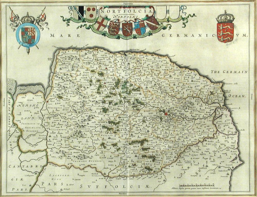 Jan Blaeu Nortfolcia, Norfolke, hand coloured engraved map, 17th century, 38 x 50cm (15 x 20in)