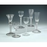 Six 18th century opaque and air twist glasses, the tallest an air twist ale with basally fluted