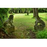 A pair of composite stone guard lions, each with one paw resting on a ball (2) 70 x 70 x 28cm (27