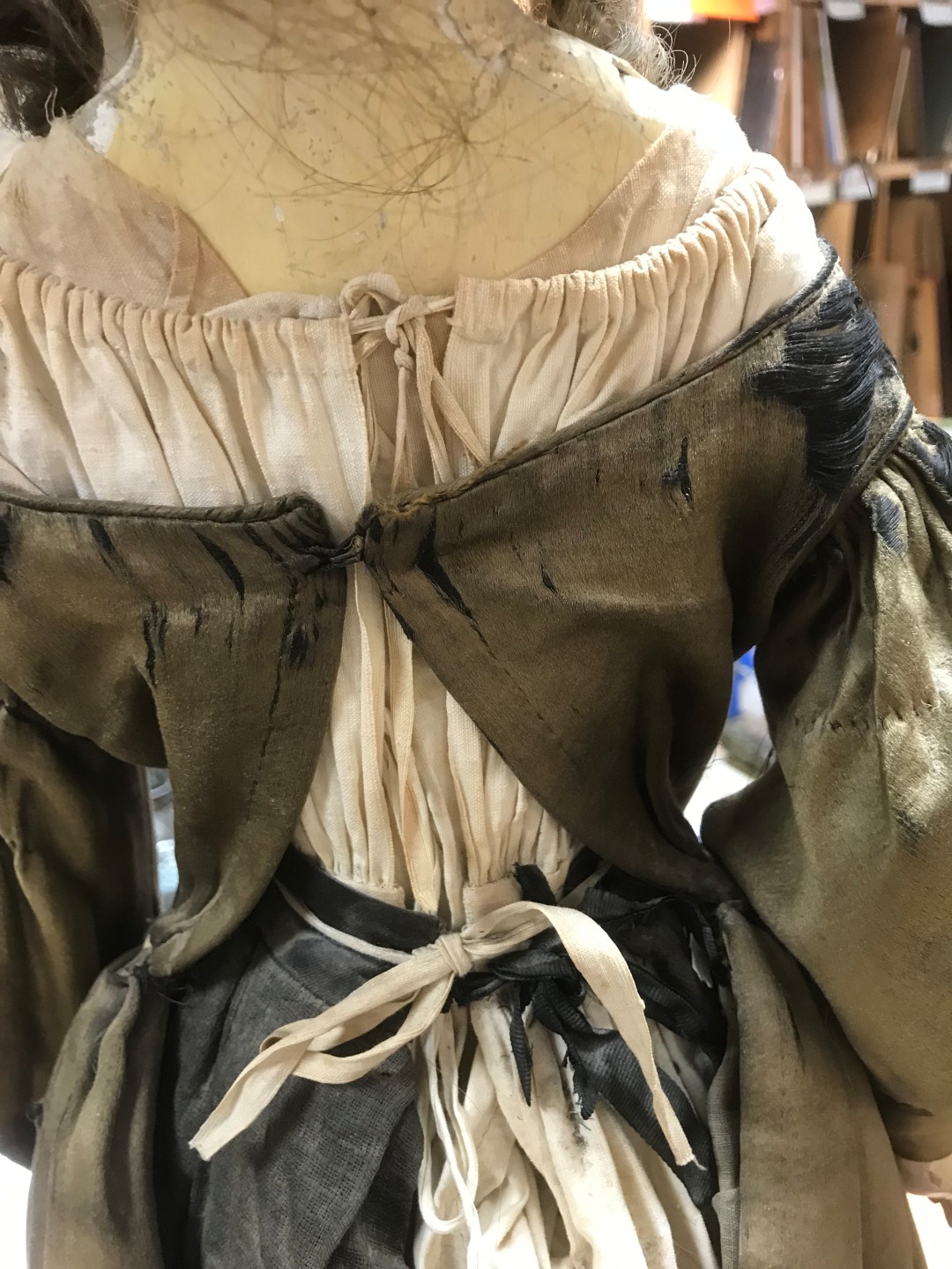 Miss Timber', an 18th century painted wood doll, she wears a lace shawl over her brown silk dress, - Image 11 of 11