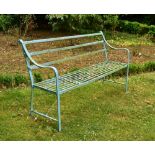 A Regency iron strapwork garden seat, painted pale blue 88 x 155 x 53cm (34 x 60 x 21in)