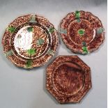 Three Whieldon ware 'agate' plates, circa 1765, one of hexagonal form with gadrooned rim, 22cm (8.