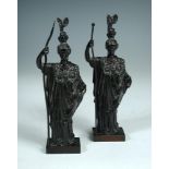 Two late 19th or early 20th century bronze figures of Minerva, each dressed in robes holding a spear