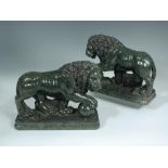 A pair of Italian sculpted green serpentine marble models of the Medici Lions, late 19th century,