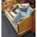 A cane single bed with giltwood bedframe, bedhed height 123cm