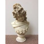 A Victorian alabaster bust of a girl wearing a bonnet, on a socle 54cm (21in)