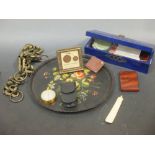 A pocket barometer, tole tray, blue glove box, sewing items, mahogany card case, etc