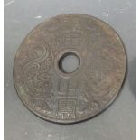 A Chinese lacquered greenstone bi, 15cm diameter
