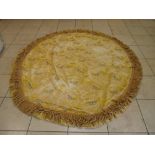 Two large table covers, golden, braided, one with embroidered tigers., both c 227cm diameter.