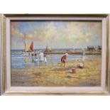 J Dupont (20th Century), Children playing on the beach, signed "J Dupont" lower right, oil on board,