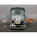 Silver christening mug, silver two handled christening porringer and spoon (cased) and an EPNS