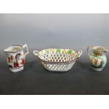 A late 18th century creamware basket, Prattware jug and a Nelson jug (3)