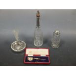 Three items of silver mounted glass ware together with a silver anointing spoon